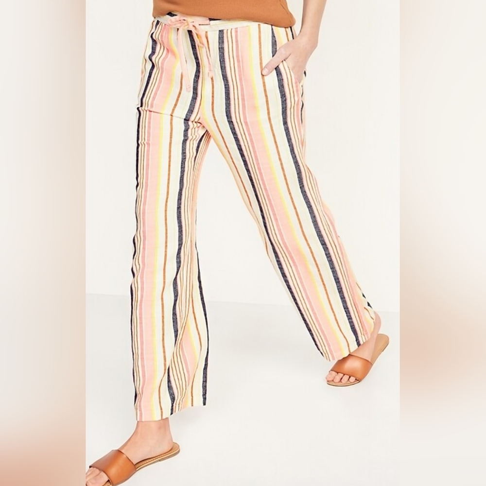 Linen Blend Old Navy Wide Leg Pants XXL Multicolor Stripe Resort